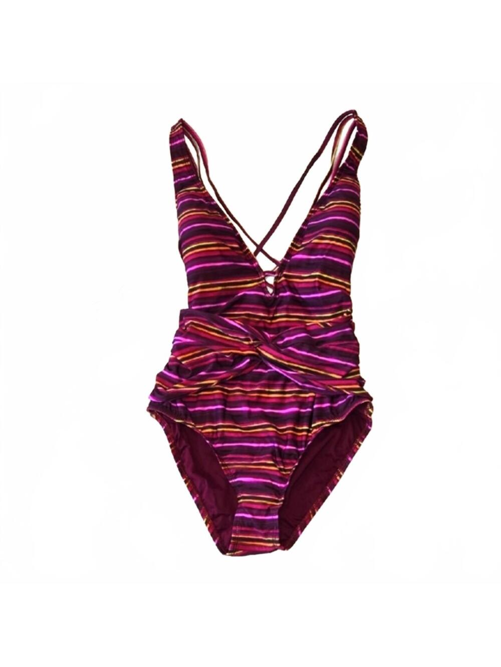 Athleta Purple Pink Front Twist One Piece Swimsuit Crisscross Back Size 10 New